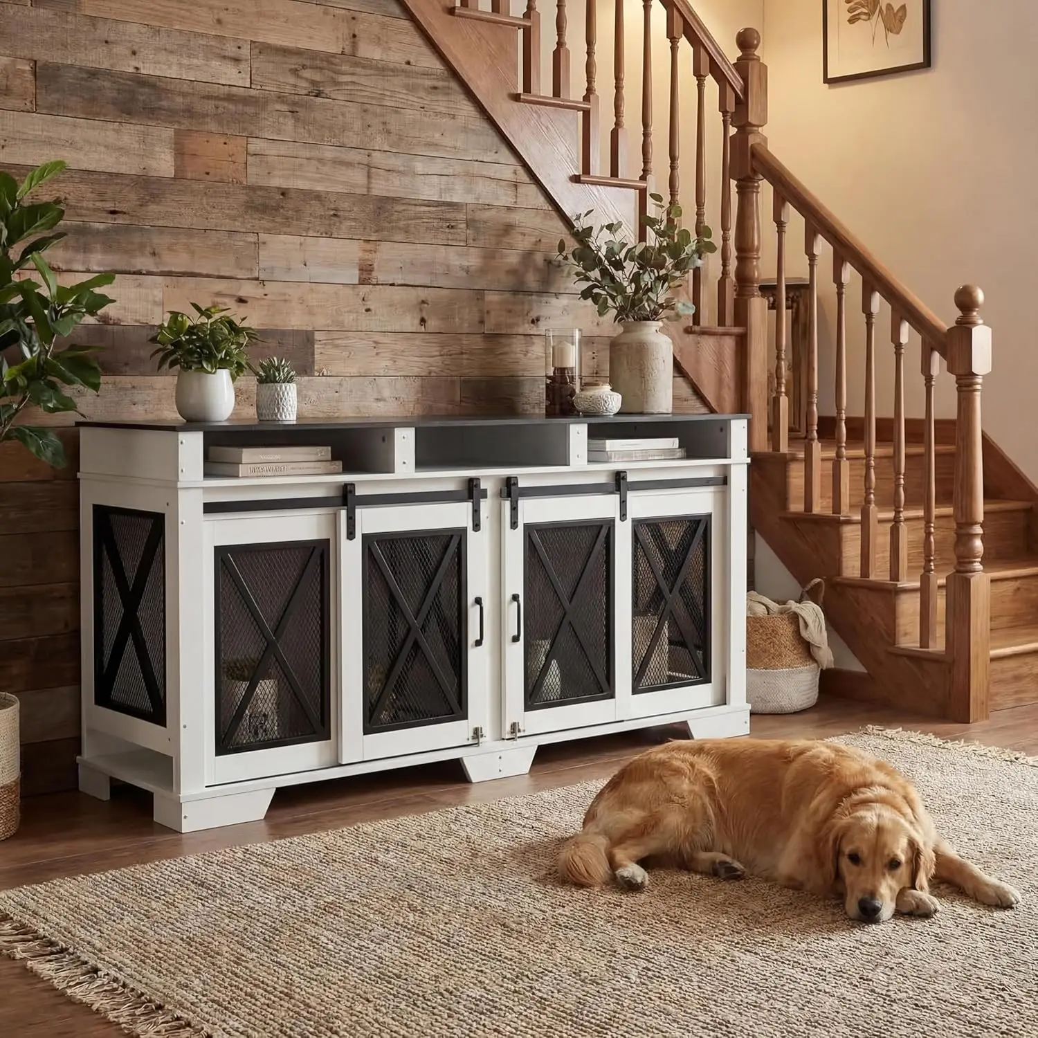 Double Dog Crate with Divider, Heavy Duty Wood Metal Kennel, Dual Door Indoor TV Stand for Large Dogs
Double Dog Crate with Divider, Heavy Duty Wood Metal Kennel, Dual Door Indoor TV Stand for Large Dogs