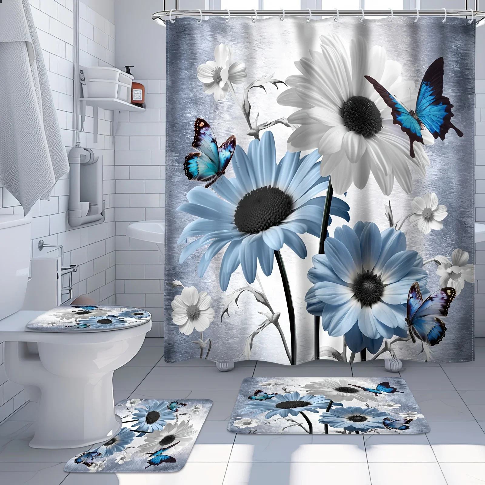 Набор занавесок для душа серо-голубой ромашки из 4 предметов с крючками, нескользящий коврик для ванной, U-образный коврик для унитаза, коврик для сиденья унитаза
Набор занавесок для душа серо-голубой ромашки из 4 предметов с крючками, нескользящий коврик для ванной, U-образный коврик для унитаза, коврик для сиденья унитаза