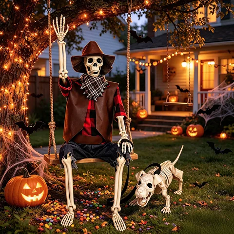 Decorações de Esqueletos de Halloween de 36 polegadas, Conjunto Temático de Cowboy Ocidental Assustador para Halloween, com Esqueleto Articulado e Cão, Decoração para Ambientes Internos e Externos, Quintal e Festas