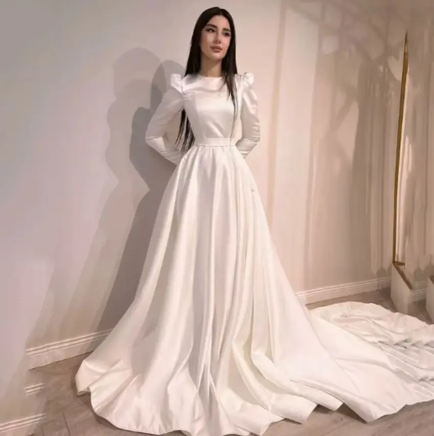 A Line O-Neck Puff Sleeves Bridal Gowns Elegant Satin Sweep Train Vestido De Novia Simple Muslim Wedding Dresses For Women
A Line O-Neck Puff Sleeves Bridal Gowns Elegant Satin Sweep Train Vestido De Novia Simple Muslim Wedding Dresses For Women