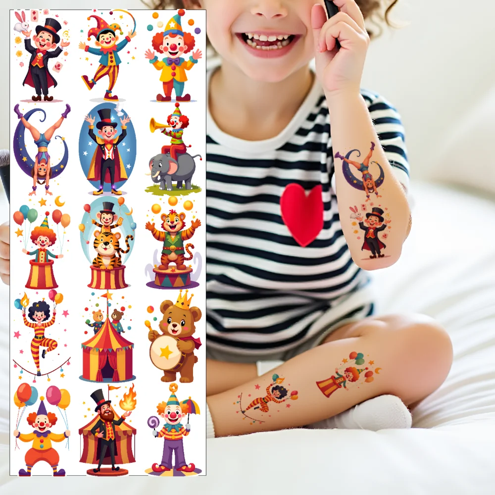 63pcs Temporary Tattoo Circus Stickers Waterproof Long-lasting Body Stickers Clown Stickers Cartoon For Shoulders Boys Arms
63pcs Temporary Tattoo Circus Stickers Waterproof Long-lasting Body Stickers Clown Stickers Cartoon For Shoulders Boys Arms