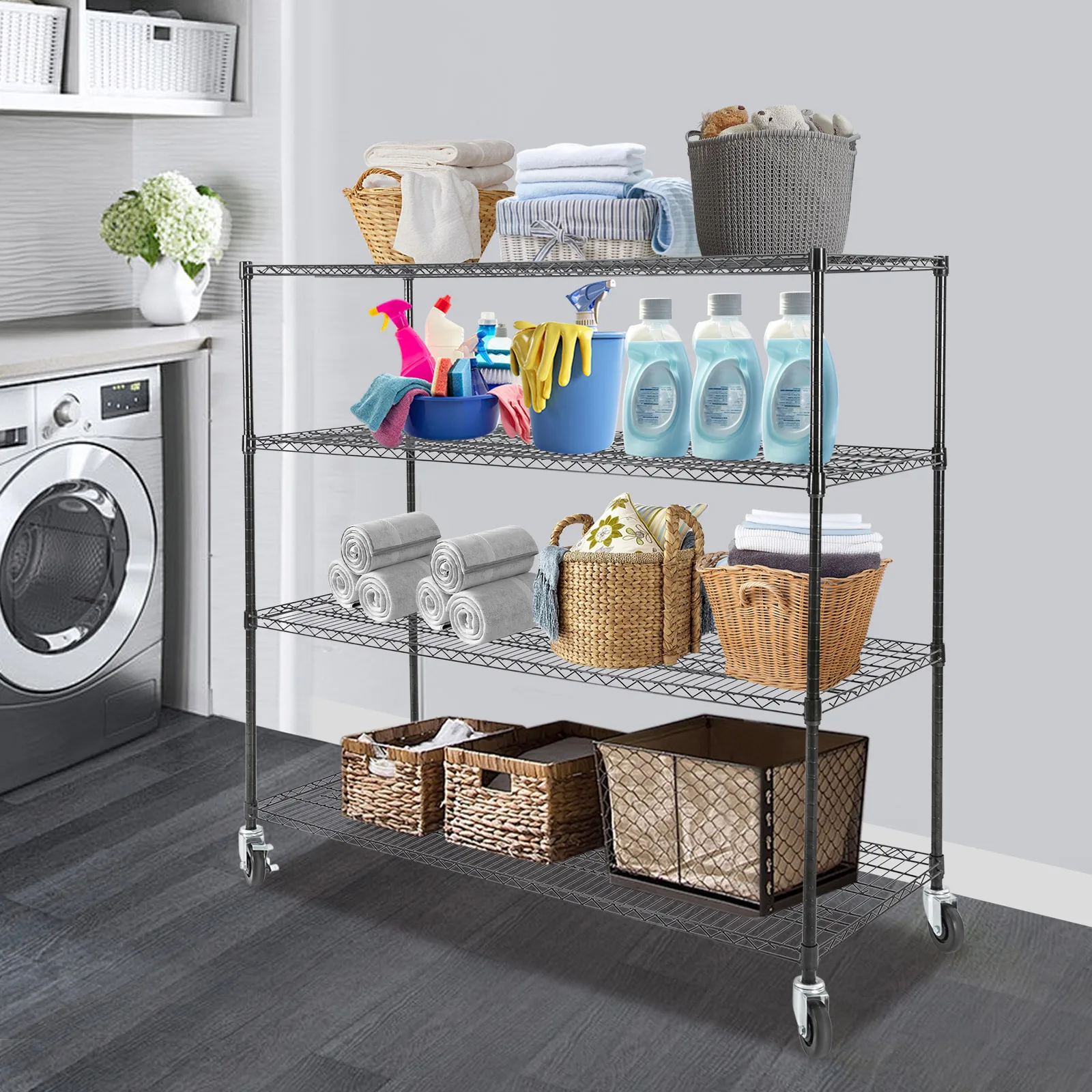 Black Modern Carbon Steel Floor Mount Adjustable Wire Shelving with Wheels, 4-Tier Storage Shelf, Adjustable Storage Rack
Black Modern Carbon Steel Floor Mount Adjustable Wire Shelving with Wheels, 4-Tier Storage Shelf, Adjustable Storage Rack