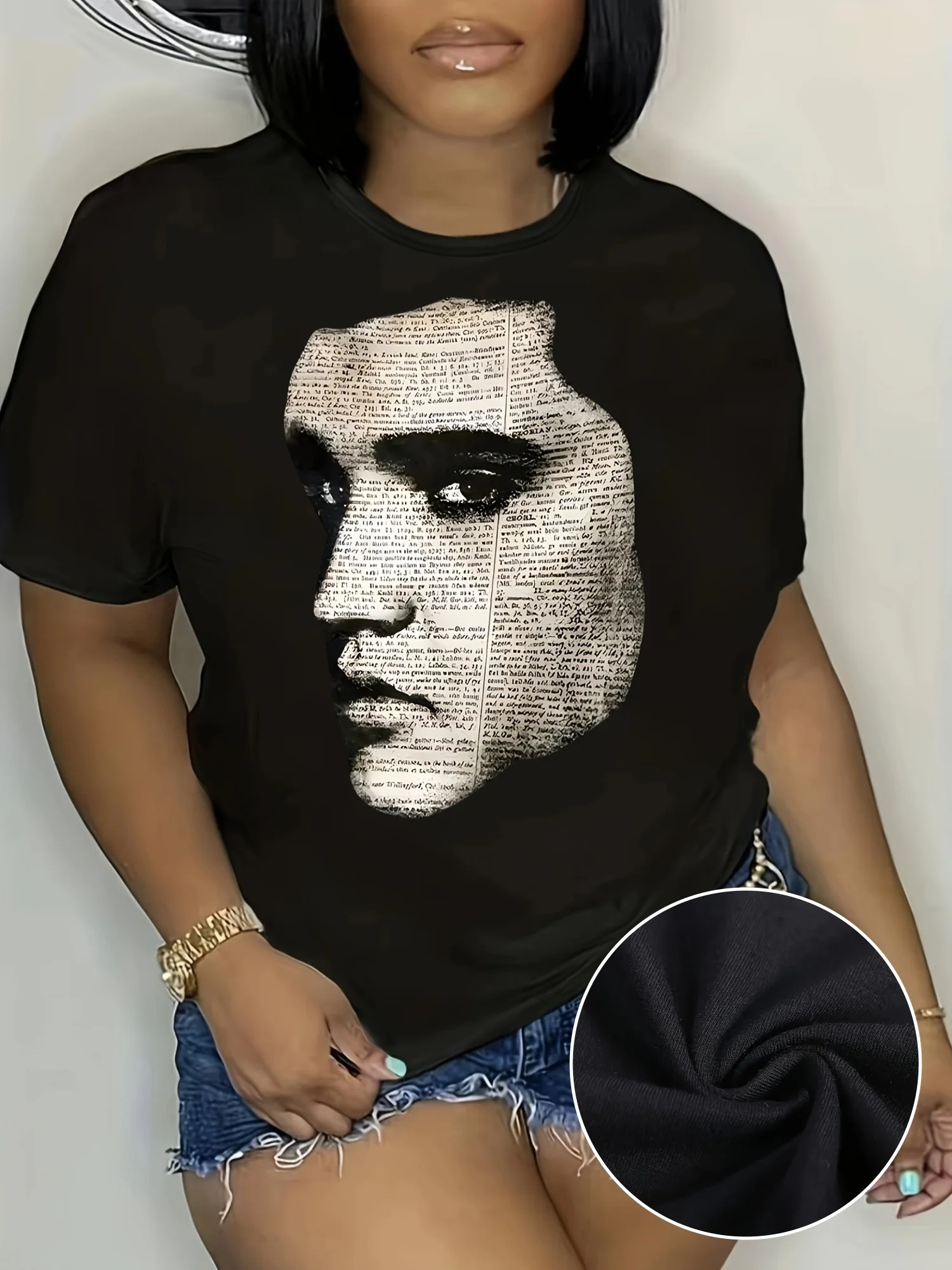 Plus - Size Black Round Neck T - Shirt with Typographic Portrait Print: Artistic and Intellectual
Plus - Size Black Round Neck T - Shirt with Typographic Portrait Print: Artistic and Intellectual