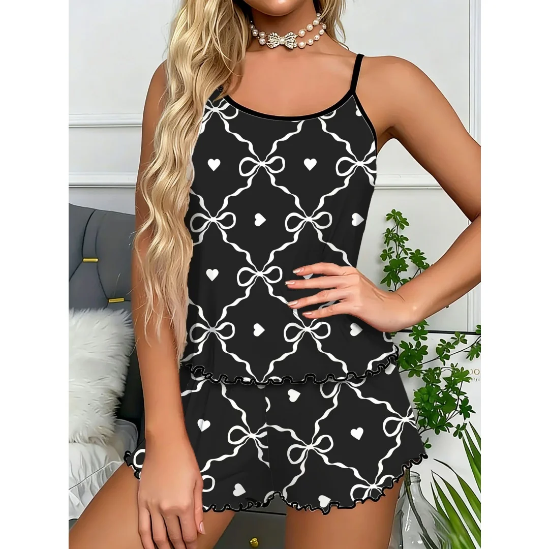 Cute Black Bow tie Printed Lace Pajama Set Home Wear Two-piece Sleeveless Halter Top Shorts Suit Pajamas for Women
Cute Black Bow tie Printed Lace Pajama Set Home Wear Two-piece Sleeveless Halter Top Shorts Suit Pajamas for Women