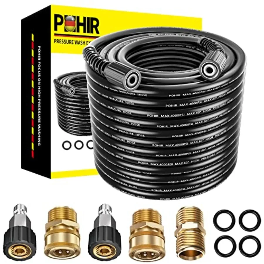 Pressure washer hose for high-power cleaning, rubber material, black color, 100ft length with 4000 PSI rating, includes M22 ext
Pressure washer hose for high-power cleaning, rubber material, black color, 100ft length with 4000 PSI rating, includes M22 ext