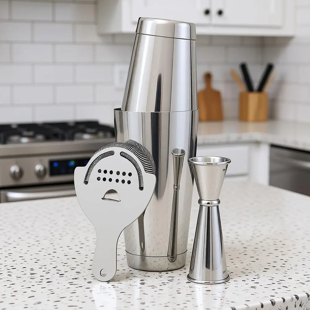 Набор для приготовления коктейлей: утяжеленные шейкеры Boston, стрейнер Хоторн и джиггер.
Набор для приготовления коктейлей: утяжеленные шейкеры Boston, стрейнер Хоторн и джиггер.