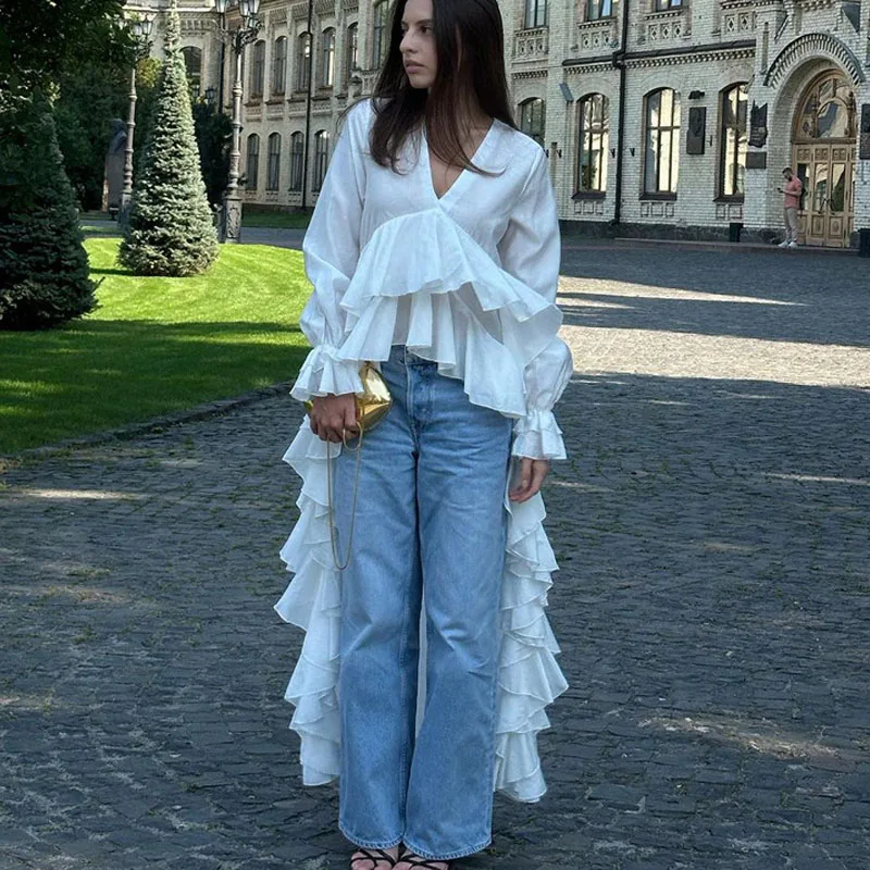 Iridesse, Niche Design, Ruffled Hem, Women's Shirt, V-neck, Trumpet Sleeve, Beach Style, White Top
Iridesse, Niche Design, Ruffled Hem, Women's Shirt, V-neck, Trumpet Sleeve, Beach Style, White Top