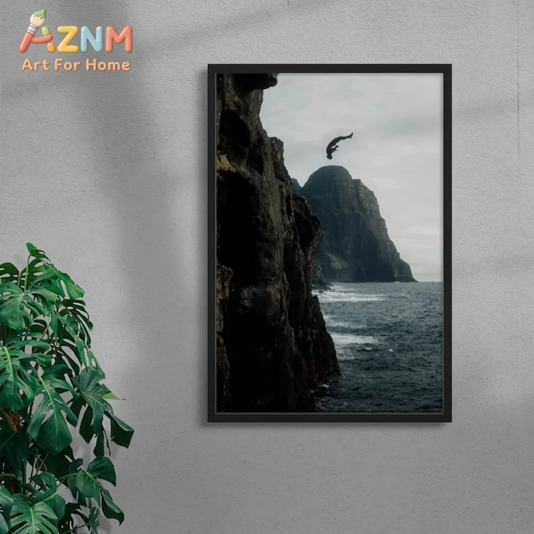 Cliff Diving Into Ocean Framed Wall Art - Faroe Islands Adventure Landscape Print Moody Coastal Decor for Home Office
Cliff Diving Into Ocean Framed Wall Art - Faroe Islands Adventure Landscape Print Moody Coastal Decor for Home Office