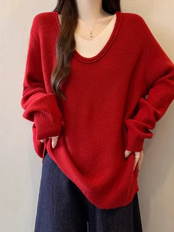 Red V-Neck Knitted Top Women's plus Size Cover-Up Base Shirt Spring 2026 New Style Commute Fashion Korean Loose Fit Long Sleeve
Red V-Neck Knitted Top Women's plus Size Cover-Up Base Shirt Spring 2026 New Style Commute Fashion Korean Loose Fit Long Sleeve