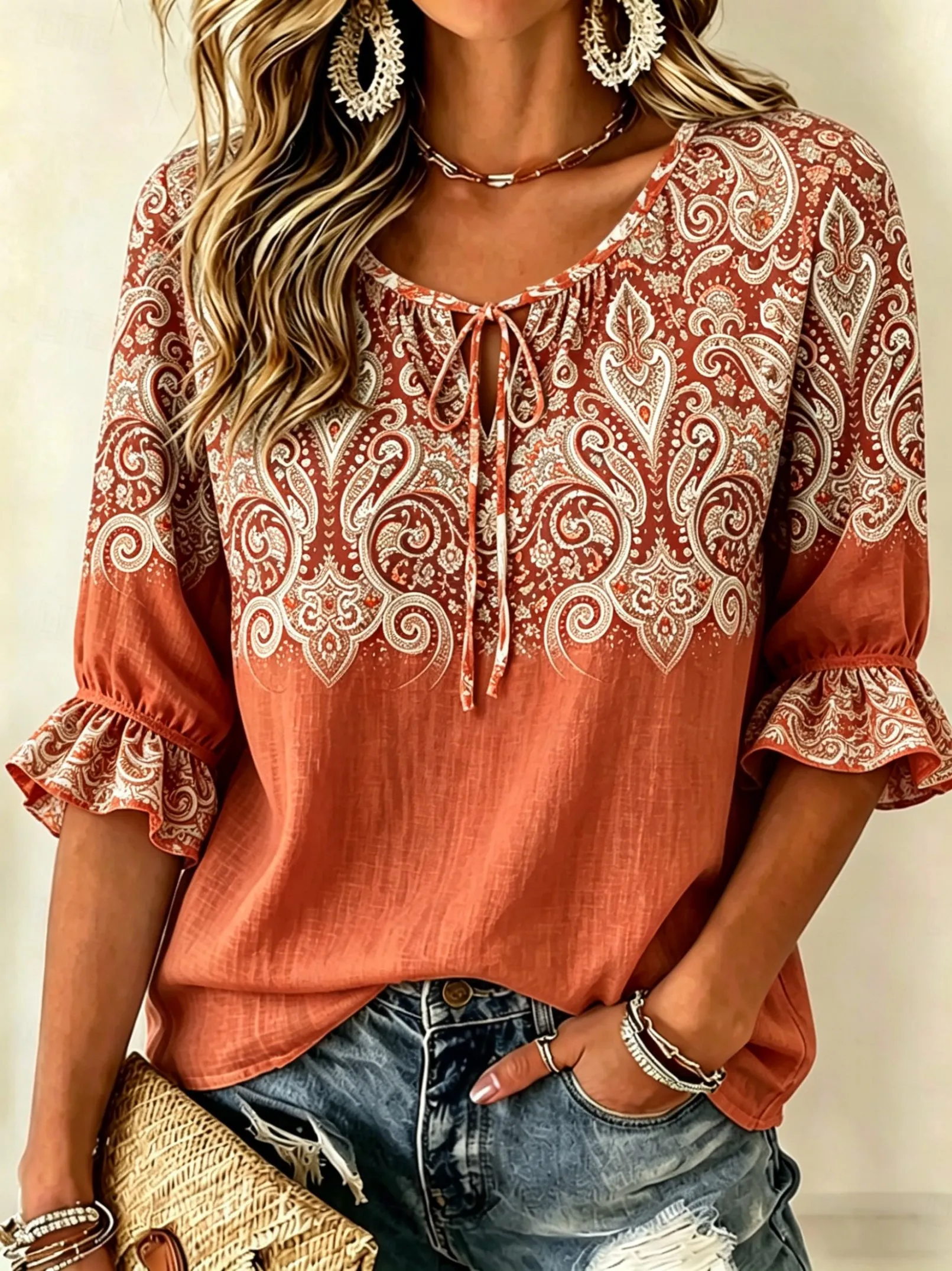 Women's Rust Paisley Print Tie Neck Blouse, Casual Loose Tops for Spring Summer Daily Wear & Vacation Occasions
Women's Rust Paisley Print Tie Neck Blouse, Casual Loose Tops for Spring Summer Daily Wear & Vacation Occasions