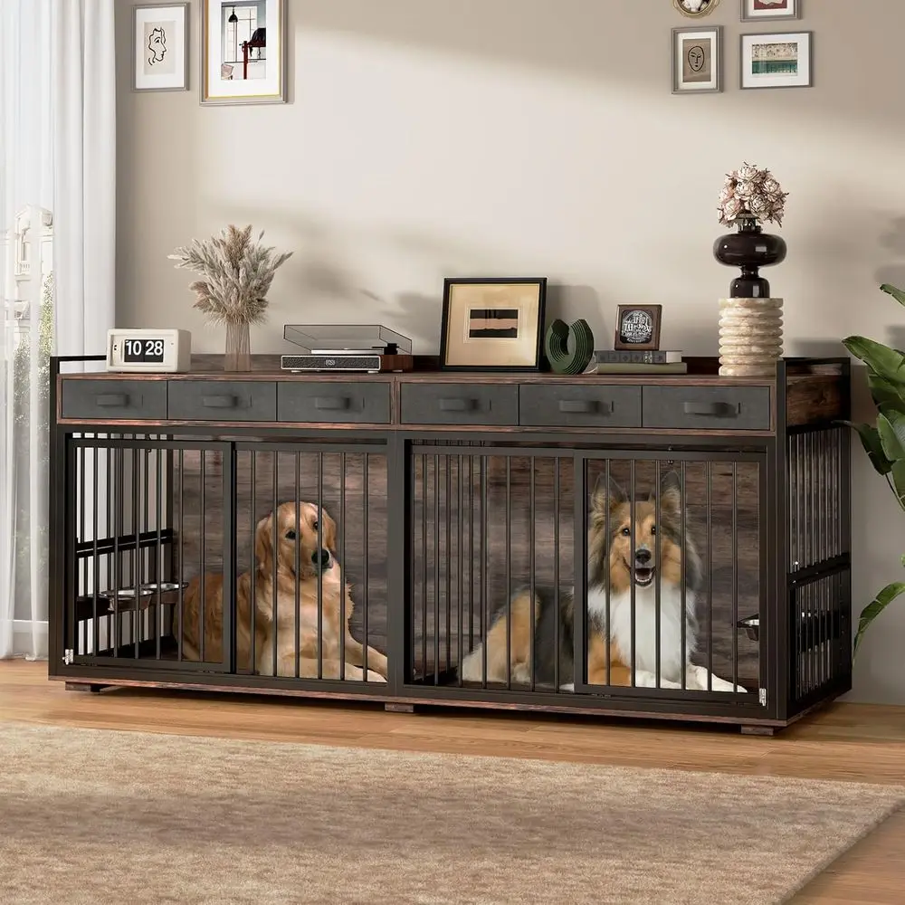 86.6" Large Dog Crate urniture,Chew-Proo Metal e Wooden Double Dog Kennel TV Stand Table with Rotatable Dog eeder Bowls and Ders
86.6" Large Dog Crate urniture,Chew-Proo Metal e Wooden Double Dog Kennel TV Stand Table with Rotatable Dog eeder Bowls and Ders