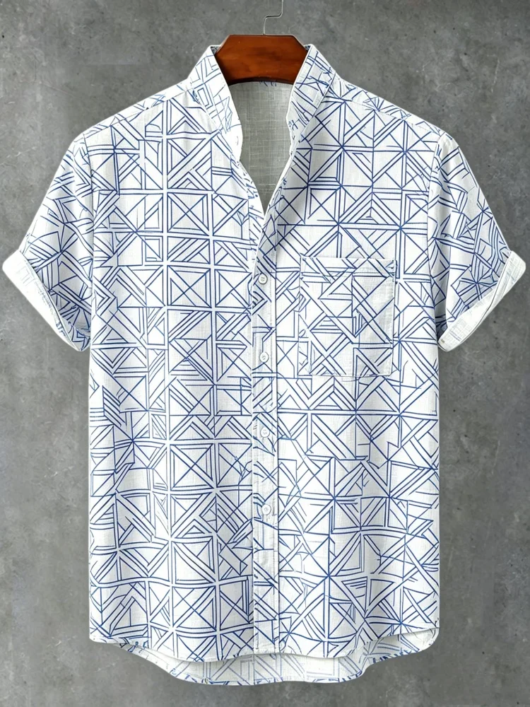 Men's Loose Comfort Stand Collar Short Sleeve Shirt, Blue Geometric Pattern with Chest Pocket, Breathable Casual Daily Wear
Men's Loose Comfort Stand Collar Short Sleeve Shirt, Blue Geometric Pattern with Chest Pocket, Breathable Casual Daily Wear