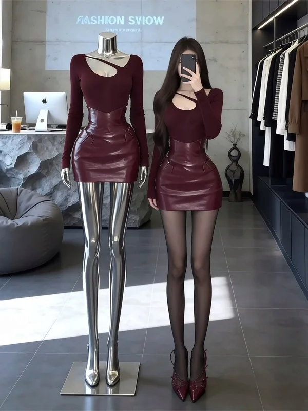 Sexy Lady Style Wine Red Hollow out Long Sleeve Top And Leather Skirt Set Women's Autumn Winter Slim Fit Inner Wear Two Piece...
Sexy Lady Style Wine Red Hollow out Long Sleeve Top And Leather Skirt Set Women's Autumn Winter Slim Fit Inner Wear Two Piece...
