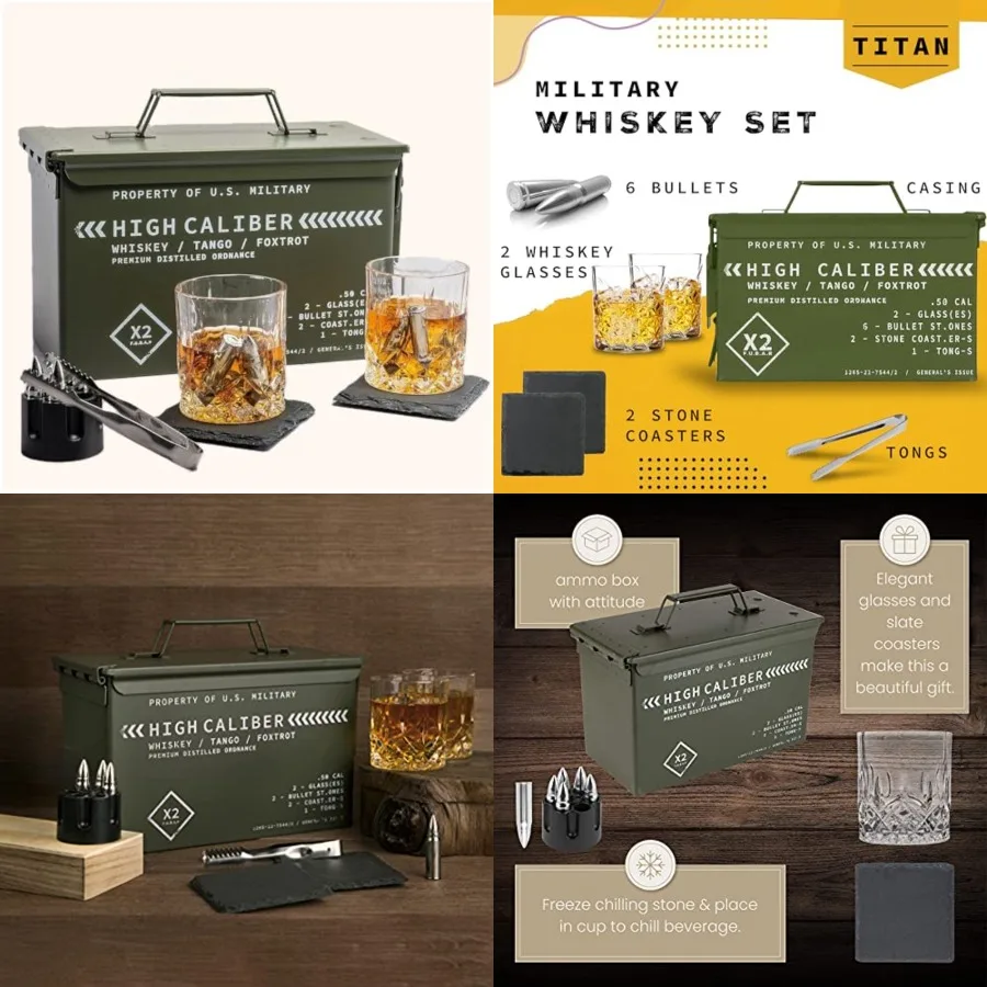 Whiskey Glasses and Stones in Unique Tactical Box Display Bourbon Cocktail Cups, Coasters and Tongs Gifts for Men Glass Set
Whiskey Glasses and Stones in Unique Tactical Box Display Bourbon Cocktail Cups, Coasters and Tongs Gifts for Men Glass Set