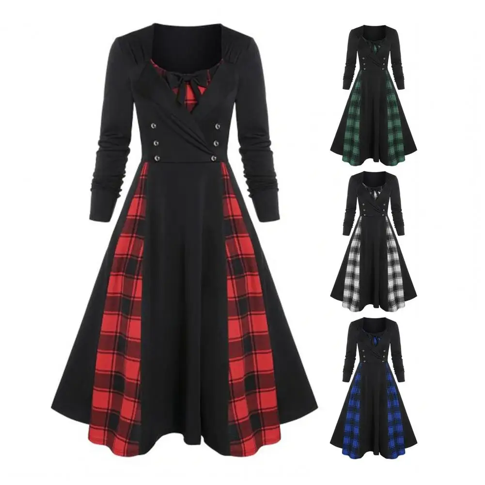 Women Printed Dress Plaid Print Double Breasted Midi Dress Elegant A-line Night Party Skater Hem with Bowknot Decor Women's
Women Printed Dress Plaid Print Double Breasted Midi Dress Elegant A-line Night Party Skater Hem with Bowknot Decor Women's