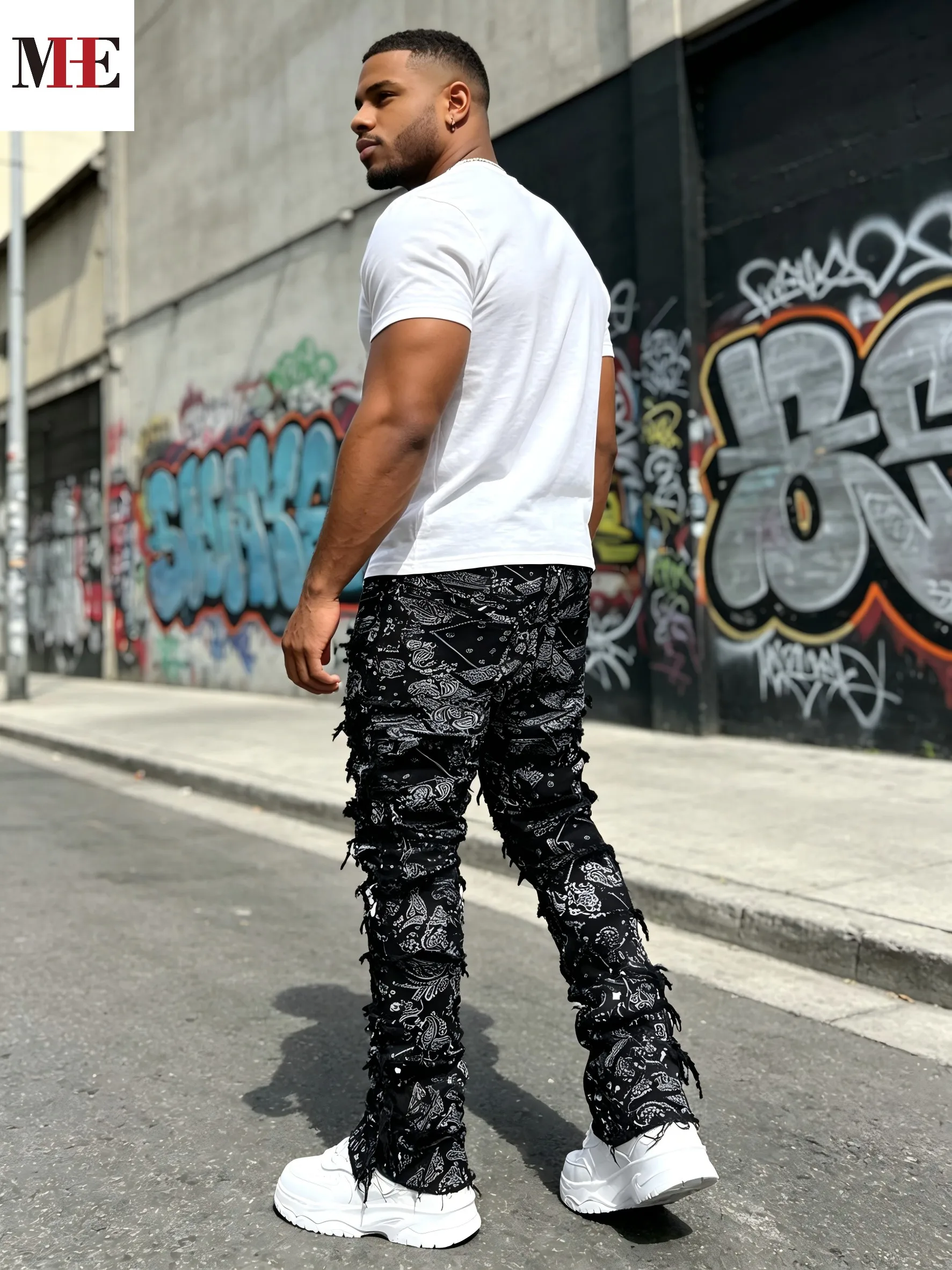 HME Men's Paisley Stacked Denim Pants, Heavily Frayed Slim Flared Jeans for Streetwear
HME Men's Paisley Stacked Denim Pants, Heavily Frayed Slim Flared Jeans for Streetwear