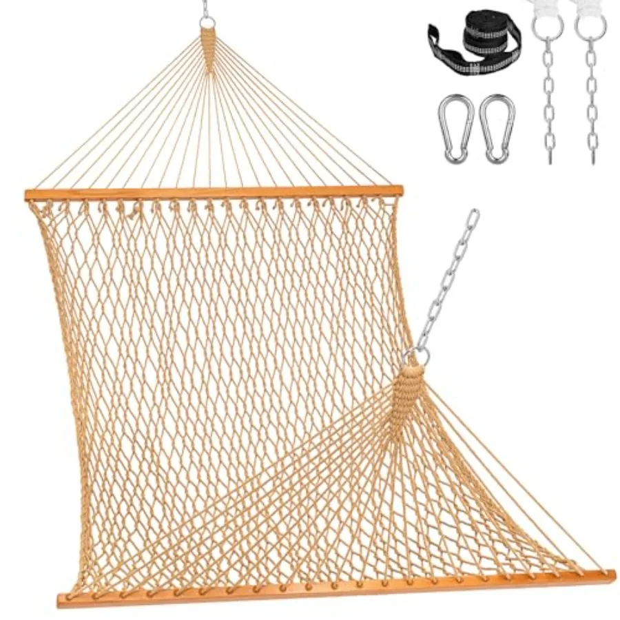 Double Rope Hammock for outdoor patio yard use, hand-woven cotton rope, natural beige color, supports up to 450 lbs with spread
Double Rope Hammock for outdoor patio yard use, hand-woven cotton rope, natural beige color, supports up to 450 lbs with spread