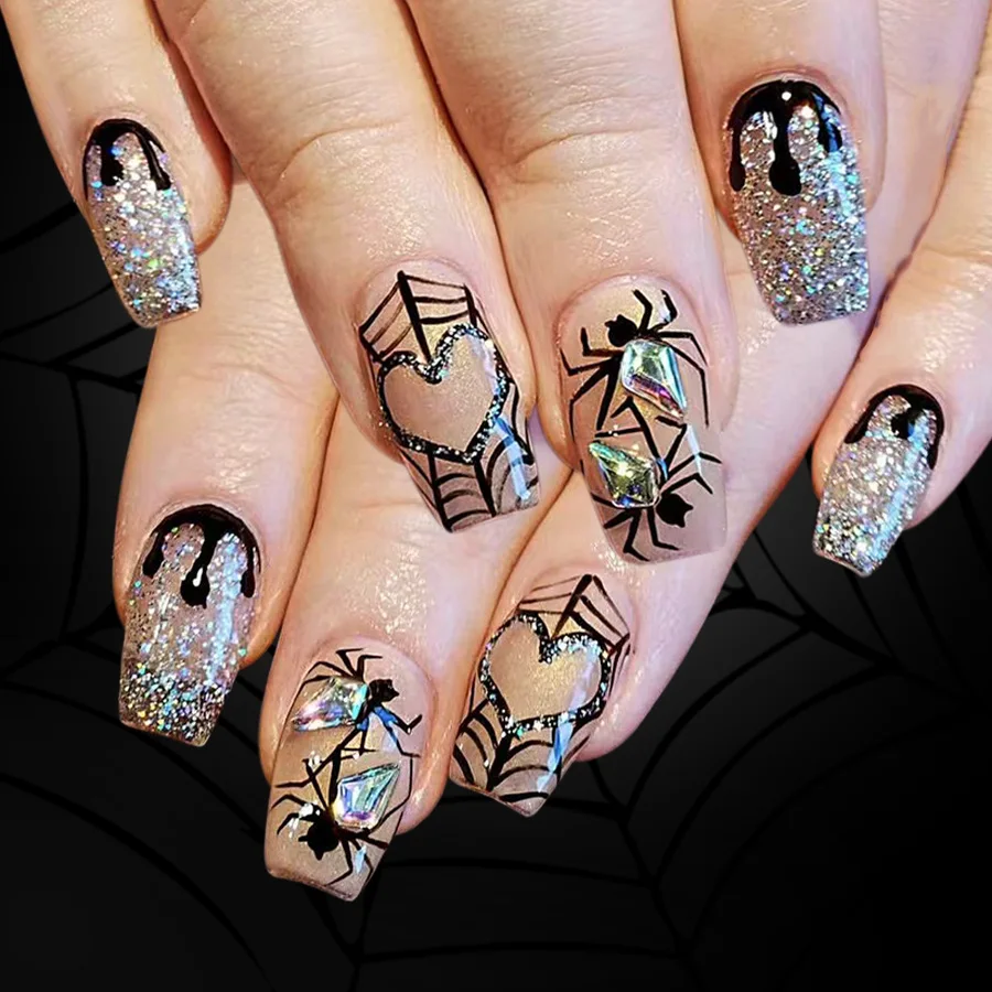 24Pcs Mid-length Square Manicure Tips Spider Rhinestone Love Spider Web Fake Nails Shiny Powder Detachable Press on False Nails 
24Pcs Mid-length Square Manicure Tips Spider Rhinestone Love Spider Web Fake Nails Shiny Powder Detachable Press on False Nails