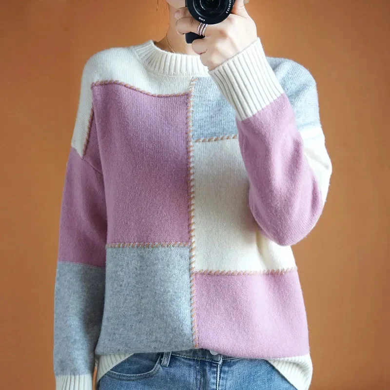 2022 Fashion Cashmere Sweaters Women's O-Neck Patchwork Colorblock Plaid Sweaters Knitted Tops Elasticity Loose Bottoming Shirts
2022 Fashion Cashmere Sweaters Women's O-Neck Patchwork Colorblock Plaid Sweaters Knitted Tops Elasticity Loose Bottoming Shirts