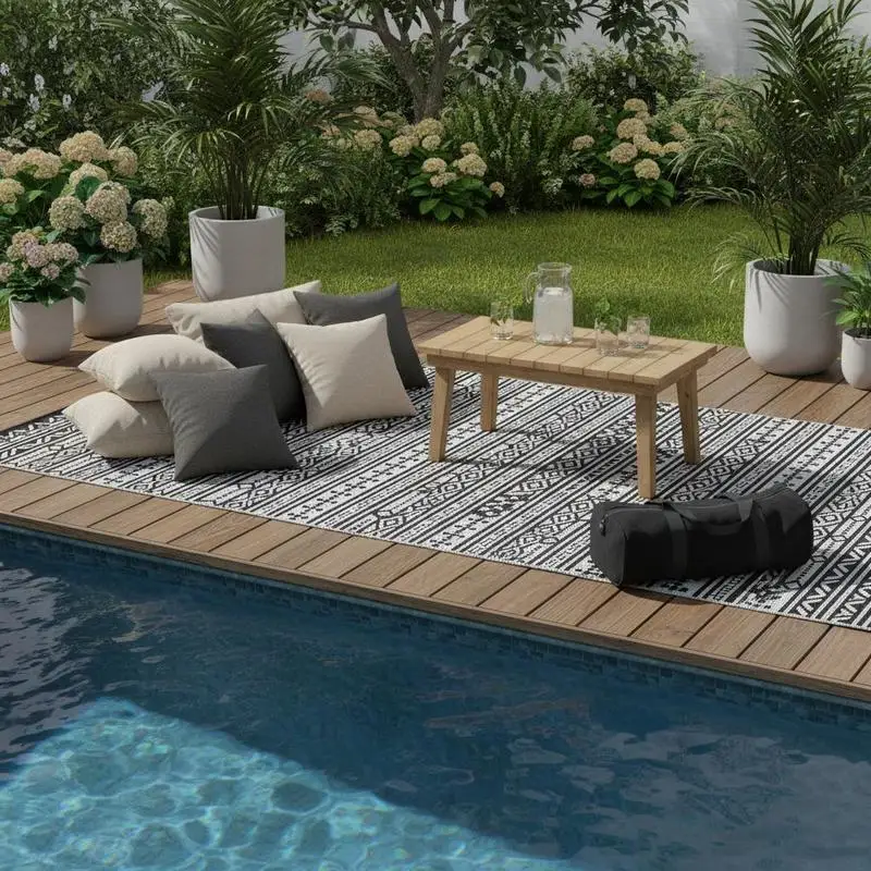 Reversible Outdoor Rug, Waterproof Plastic Straw with Carry Bag, 9' x 18', Black & White Geometric Wall
Reversible Outdoor Rug, Waterproof Plastic Straw with Carry Bag, 9' x 18', Black & White Geometric Wall