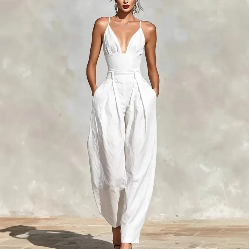 Elegant Fashion Spaghetti Strap Jumpsuit Women V-Neck High Waist Wide Leg Romper Boho Casual Solid Backless Pockets Overalls
Elegant Fashion Spaghetti Strap Jumpsuit Women V-Neck High Waist Wide Leg Romper Boho Casual Solid Backless Pockets Overalls