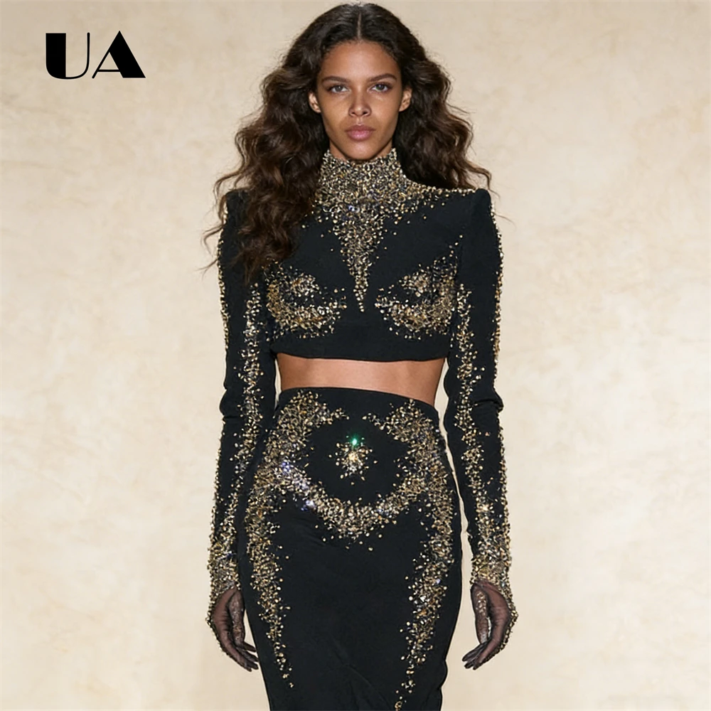 Women's Two Piece Long-Sleeve Cropped Top & Mermaid Maxi Skirt with Gold Sequins Gala Pageant Formal Gown Evening Prom Dresses
Women's Two Piece Long-Sleeve Cropped Top & Mermaid Maxi Skirt with Gold Sequins Gala Pageant Formal Gown Evening Prom Dresses