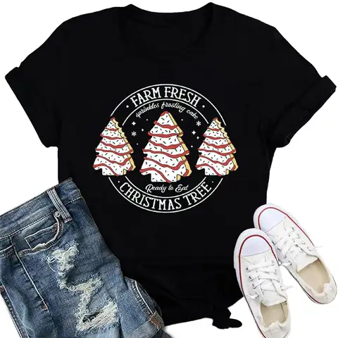 Women Merry Christmas Shirt Xmas Holiday T-Shirt Christmas Tree Cake Shirt Harajuku Oversized T Shirt Rick and Morty