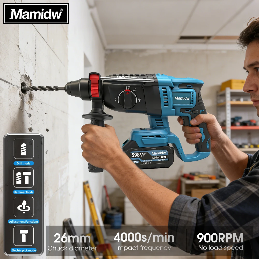 Mamidw 1500 RPM, 26mm diameter electric hammer drill, High-Power MotorPowerful Performance, For Makita 18v Battery PIN
Mamidw 1500 RPM, 26mm diameter electric hammer drill, High-Power MotorPowerful Performance, For Makita 18v Battery PIN