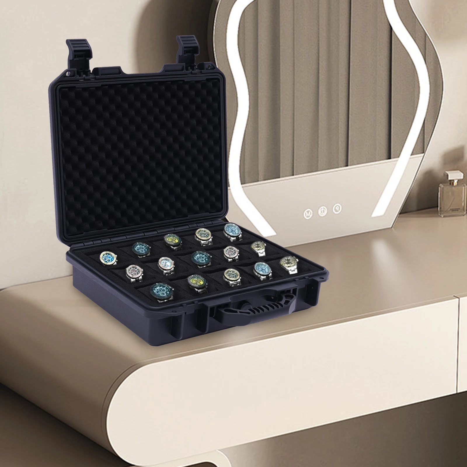 Watch Carry Case 15-slot Plastic Watch Case Portable 15 Compartments Jewelry Storage Box Waterproof Black
Watch Carry Case 15-slot Plastic Watch Case Portable 15 Compartments Jewelry Storage Box Waterproof Black