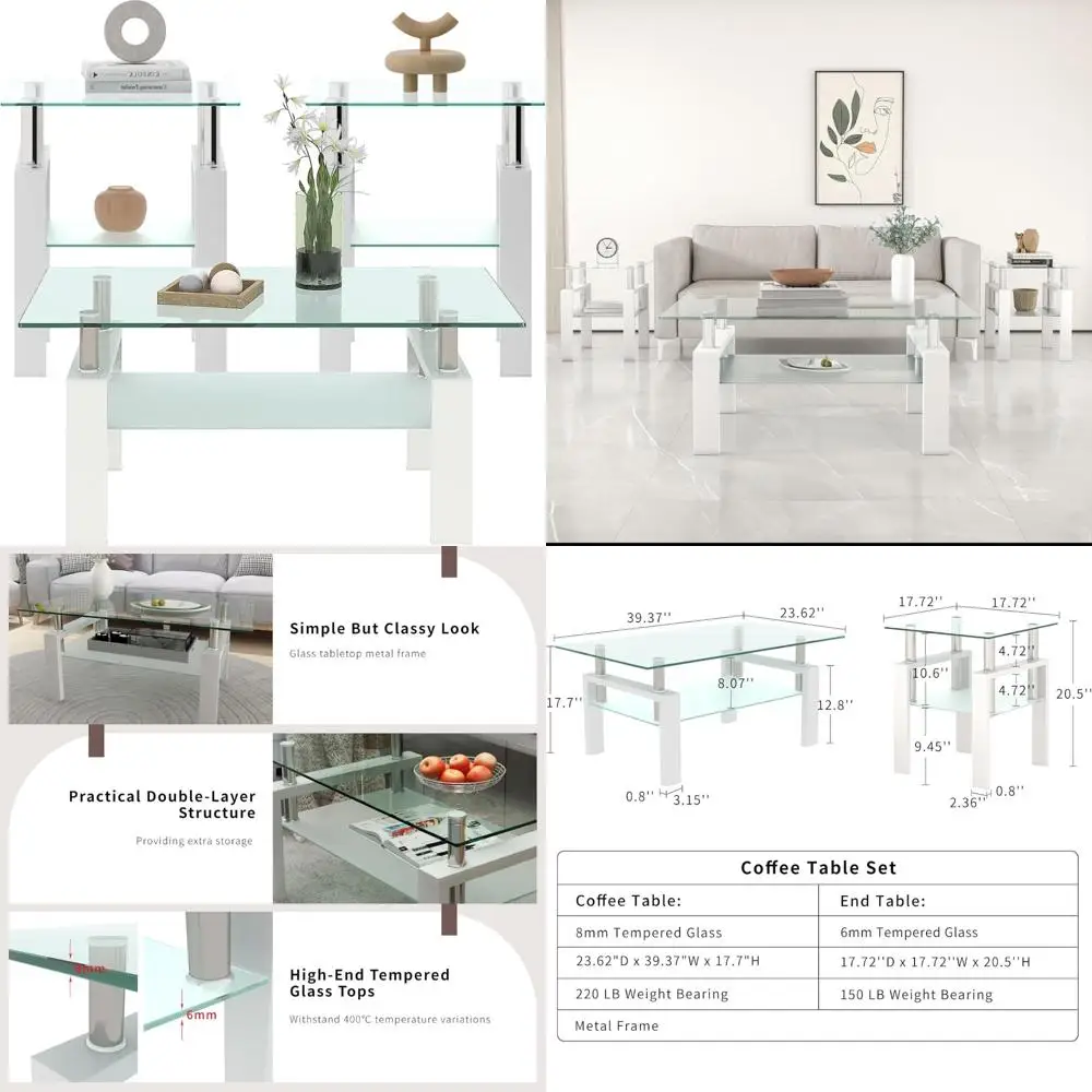 White Metal Frame Glass Coffee Table Set: 3-Piece Living Room Furniture with End Tables
White Metal Frame Glass Coffee Table Set: 3-Piece Living Room Furniture with End Tables