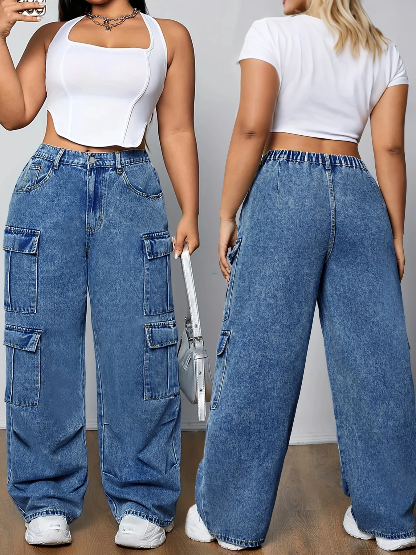 Plus Size Women's Mid Rise Light Wash Cargo Wide Leg Jeans, Elastic Back Waist, Multi Pocket Casual Streetwear Baggy Denim Pants
Plus Size Women's Mid Rise Light Wash Cargo Wide Leg Jeans, Elastic Back Waist, Multi Pocket Casual Streetwear Baggy Denim Pants