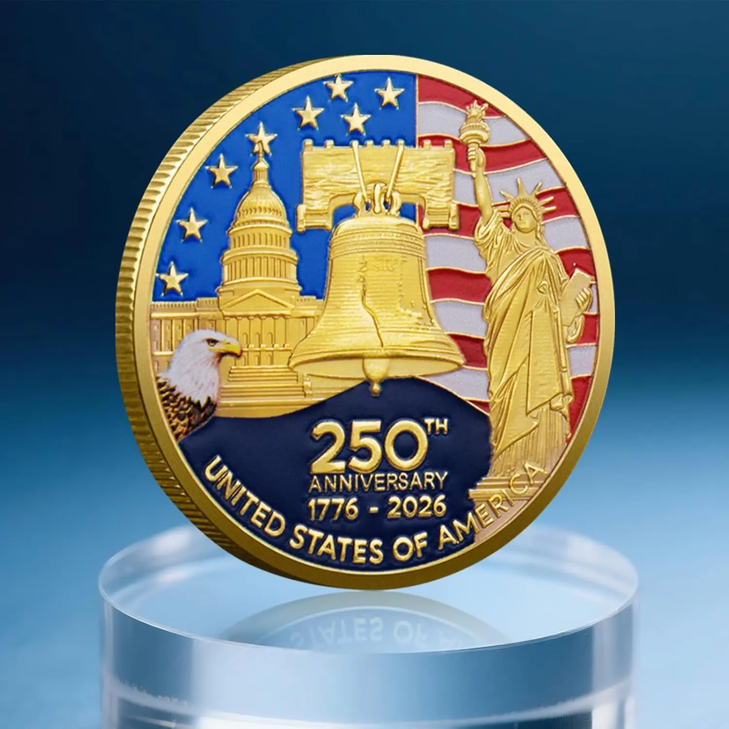 Золотая монета США к 250-летию (1776-2026), двусторонняя памятная монета для ветеранов, патриотическая монета Америки к 250-летию, мерч.
Золотая монета США к 250-летию (1776-2026), двусторонняя памятная монета для ветеранов, патриотическая монета Америки к 250-летию, мерч.