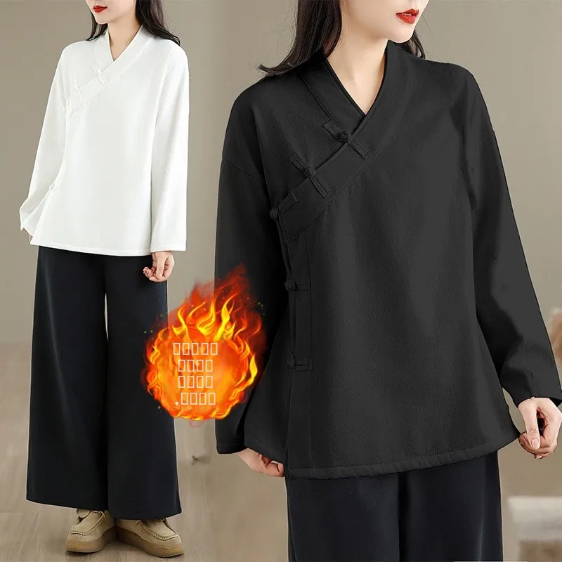 Новая китайская женская осенне-зимняя утепленная рубашка свободного кроя с длинным рукавом, на флисовой подкладке, с косым воротником, для чайной церемонии
Новая китайская женская осенне-зимняя утепленная рубашка свободного кроя с длинным рукавом, на флисовой подкладке, с косым воротником, для чайной церемонии