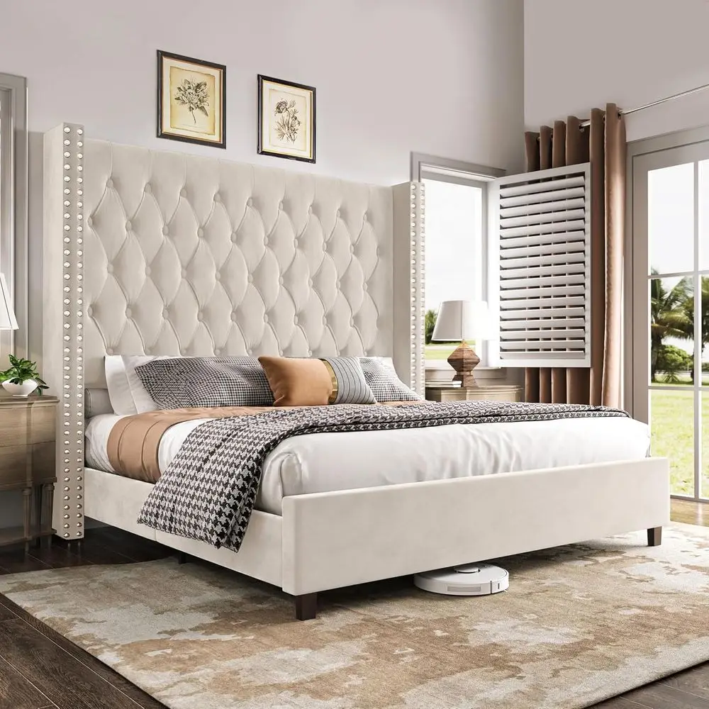 King Size Velvet Platform Bed with 61.4 High Headboard, Deep Button Tufting, No Box Spring Needed, Cream
King Size Velvet Platform Bed with 61.4 High Headboard, Deep Button Tufting, No Box Spring Needed, Cream