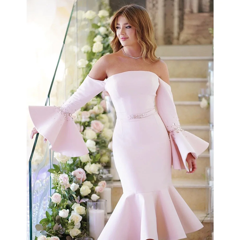 Mermaid Cocktail Dress Midi Off the Shoulder Long Sleeves Pale Pink Cocktail Gowns Tea Length Ruffle Beading Modern Party Dress
Mermaid Cocktail Dress Midi Off the Shoulder Long Sleeves Pale Pink Cocktail Gowns Tea Length Ruffle Beading Modern Party Dress
