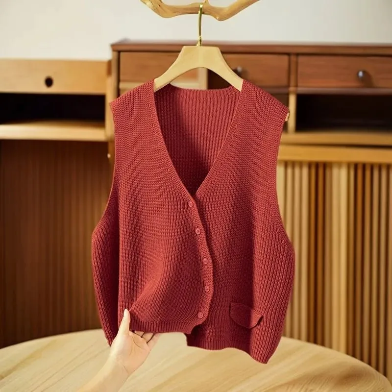Short V-Neck Knitted Vest Women tops New Spring And Autumn Fashion Fake Pocket Sleeveless Jacket Female Knitwear Waistcoat T1093
Short V-Neck Knitted Vest Women tops New Spring And Autumn Fashion Fake Pocket Sleeveless Jacket Female Knitwear Waistcoat T1093