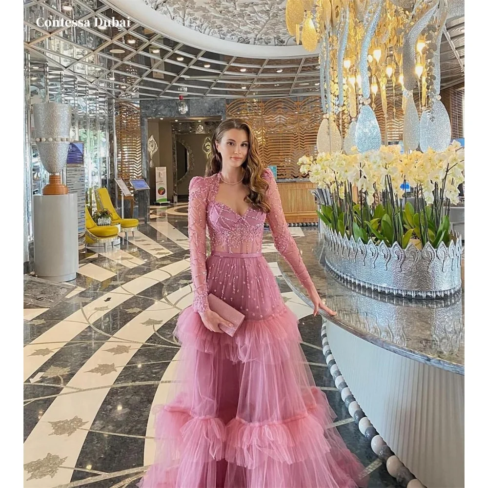 Contessa Dubai Purple Beading Tiered Ruffle Prom Dresses Heart Neckline Customized فساتين سهرات Long Sleeve robes de soirée
Contessa Dubai Purple Beading Tiered Ruffle Prom Dresses Heart Neckline Customized فساتين سهرات Long Sleeve robes de soirée