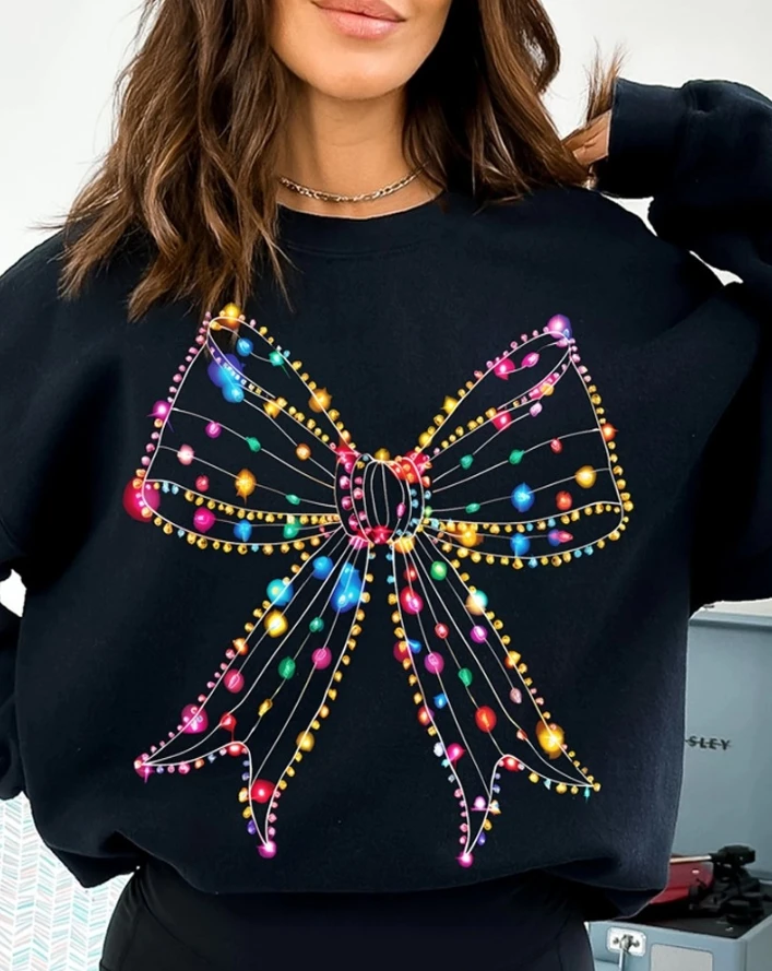 Hot Selling Fashionable Christmas Colored Bow Print Round Neck New Sports Wool Lined Women's Pullover Sweater
Hot Selling Fashionable Christmas Colored Bow Print Round Neck New Sports Wool Lined Women's Pullover Sweater