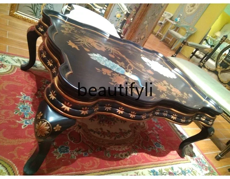 1184French hand-painted peacock solid wood birch black gold wavy edge villa coffee table corner table 
1184French hand-painted peacock solid wood birch black gold wavy edge villa coffee table corner table
