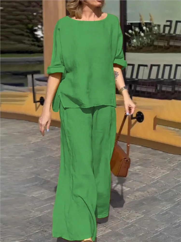 Spring Autumn Woman Casual Two Piece Sets 2024 Women's Elegant O-neck Slit Shirt + Wide-leg Pants Suit Fashion Solid Color Sets
Spring Autumn Woman Casual Two Piece Sets 2024 Women's Elegant O-neck Slit Shirt + Wide-leg Pants Suit Fashion Solid Color Sets