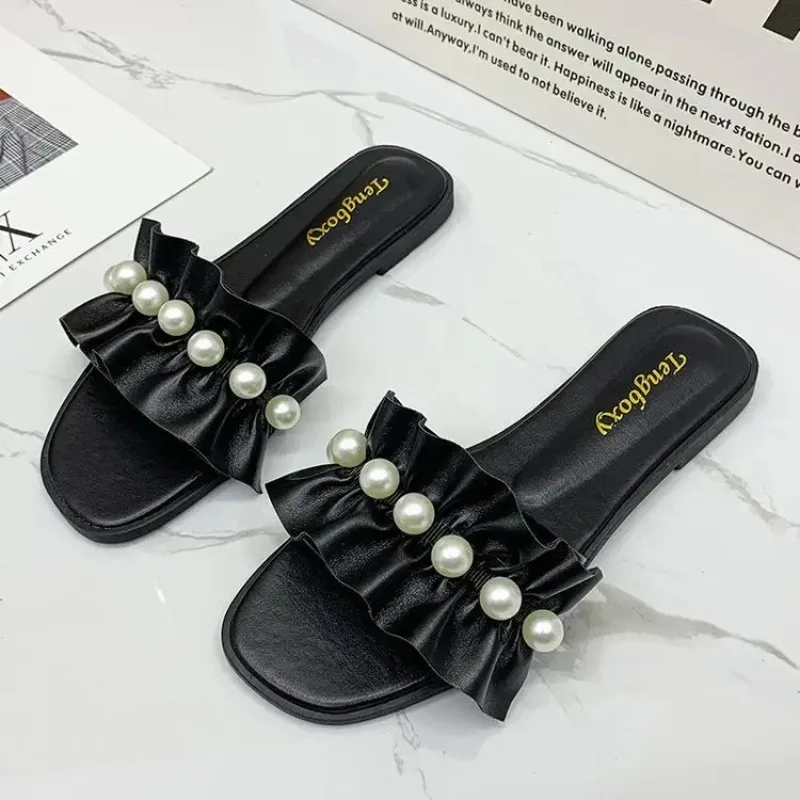 Open Toe Wear-resistant Flat Slippers Summer Sandy Beach Women Shoes Slides Faux Pearl Decor Ruffle Trim Sandals
Open Toe Wear-resistant Flat Slippers Summer Sandy Beach Women Shoes Slides Faux Pearl Decor Ruffle Trim Sandals
