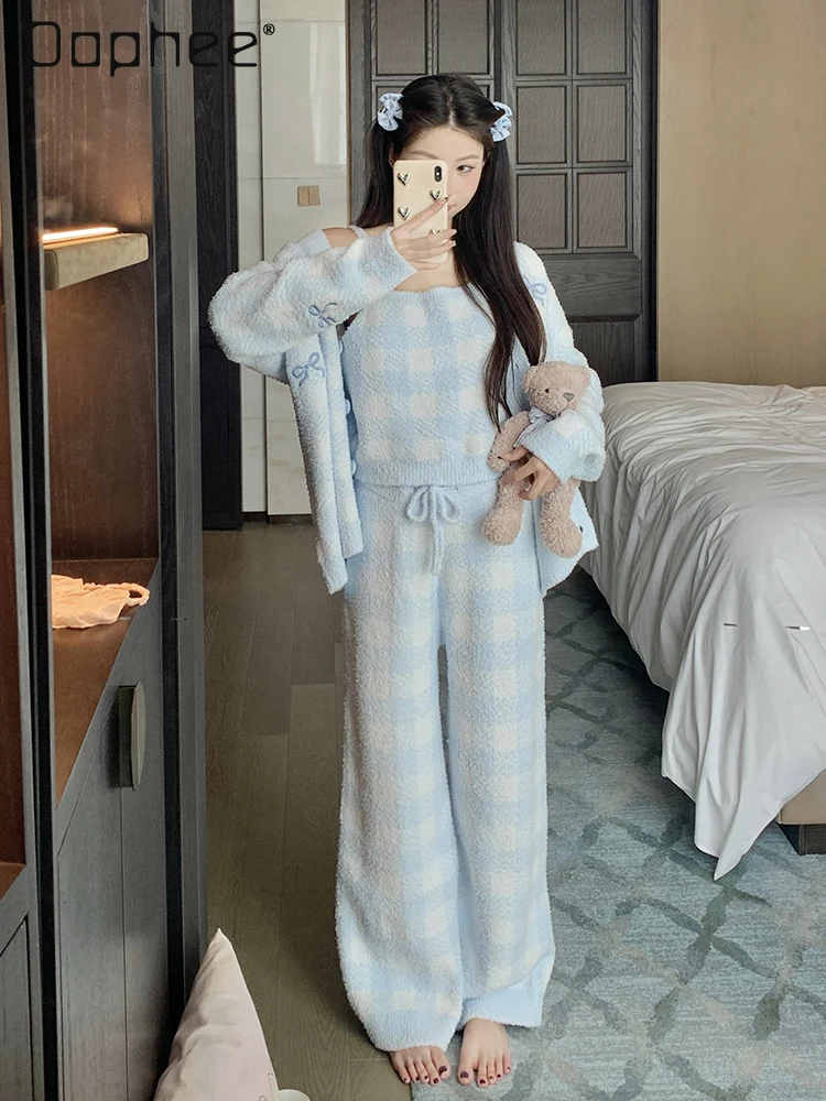 Plaid Pajama Three Piece Sets Women Winter Cute Coral Fleece Embroidery Bow Cardigan + Square Collar Camisole + Pants Sweet
Plaid Pajama Three Piece Sets Women Winter Cute Coral Fleece Embroidery Bow Cardigan + Square Collar Camisole + Pants Sweet
