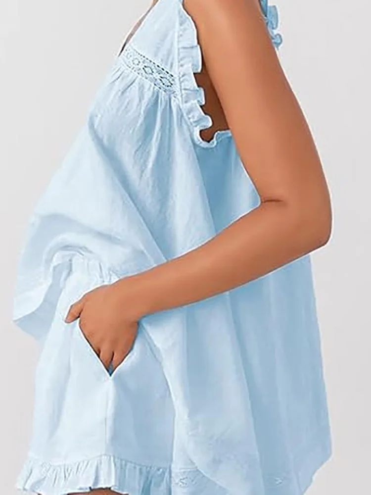 Простой однотонный свободный костюм для сна, новый наряд с открытой спиной и рюшами, повседневный женский топ без рукавов с v-образным вырезом и комплект шорт
Простой однотонный свободный костюм для сна, новый наряд с открытой спиной и рюшами, повседневный женский топ без рукавов с v-образным вырезом и комплект шорт