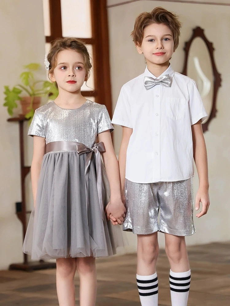Girls Summer Shiny Evening Dresses Brother And Sister Twins Boys Shirt Shorts Bowtie Wedding Suit Children Performance Costume
Girls Summer Shiny Evening Dresses Brother And Sister Twins Boys Shirt Shorts Bowtie Wedding Suit Children Performance Costume