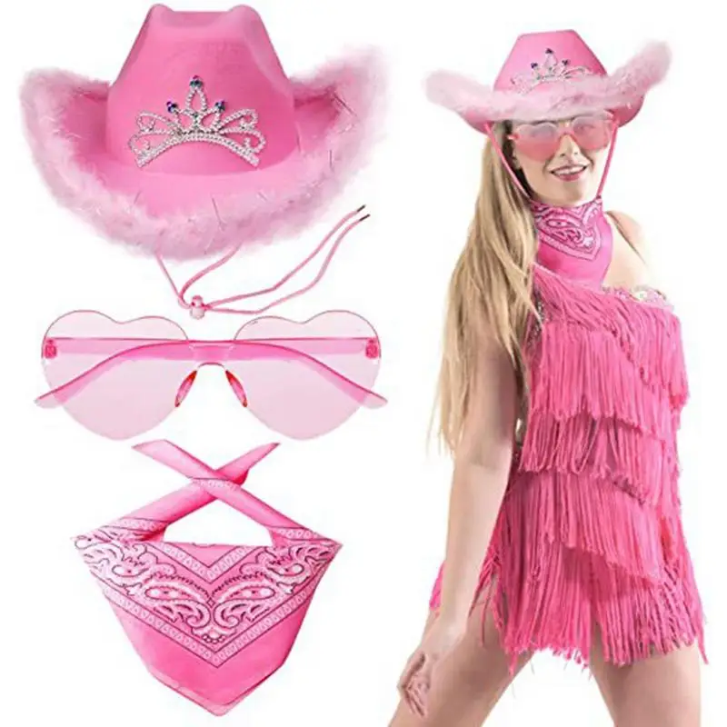 Шляпы Cowgirl, фетровая шляпа Cowgirl ярких цветов для женщин, привлекательные товары для вечеринок, набор из квадратного шарфа и очков в форме сердца из полиэстера
Шляпы Cowgirl, фетровая шляпа Cowgirl ярких цветов для женщин, привлекательные товары для вечеринок, набор из квадратного шарфа и очков в форме сердца из полиэстера