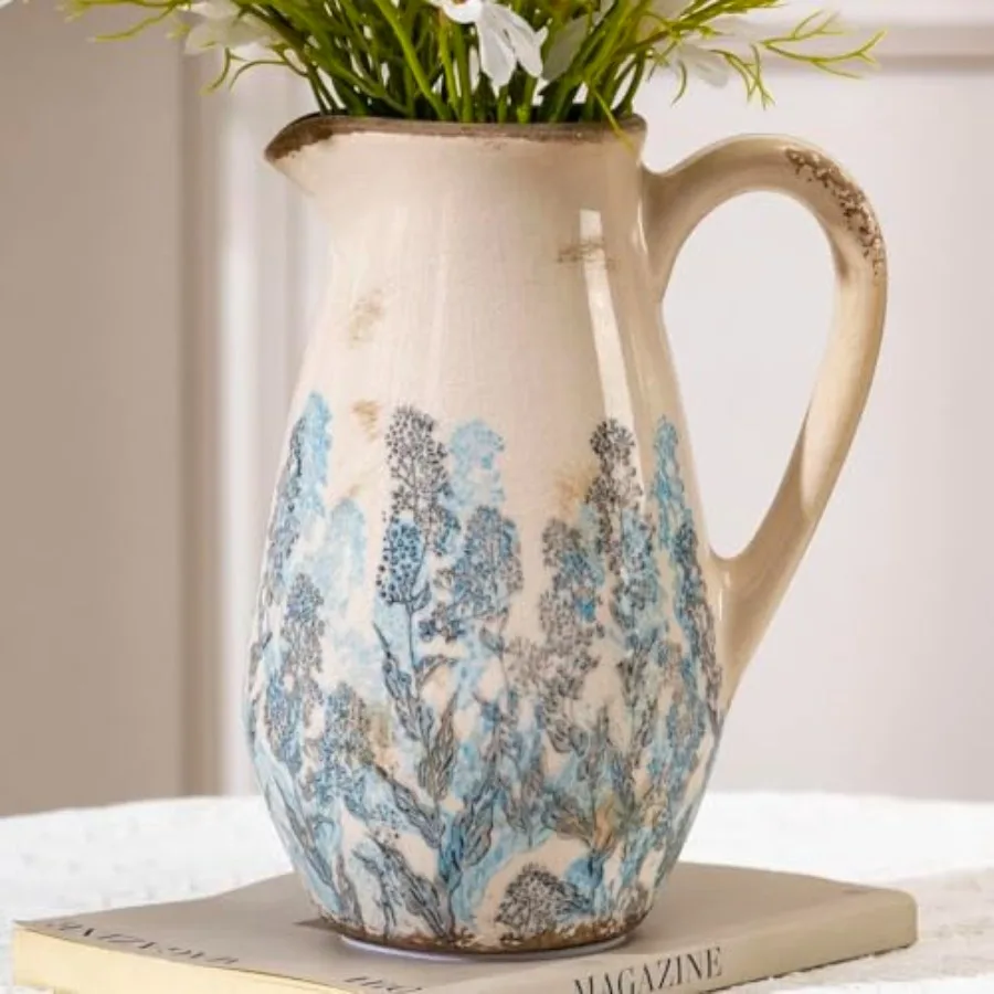 Vintage Blue and Beige Floral Ceramic Pitcher Vase with Handle 8.7" Ice Crack Glazed Farmhouse Vase French Country Decorative C
Vintage Blue and Beige Floral Ceramic Pitcher Vase with Handle 8.7" Ice Crack Glazed Farmhouse Vase French Country Decorative C