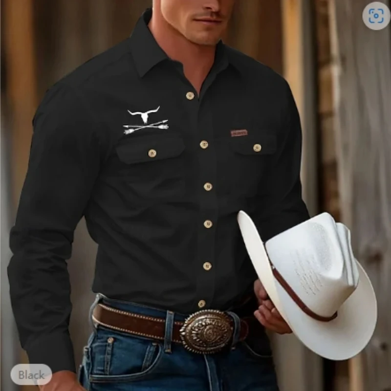 Весенние и осенние мужские рубашки с длинными рукавами и лацканами, однобортная рубашка с двойным карманом, джинсовый стиль в западном стиле, черная с принтом коровьей головы
Весенние и осенние мужские рубашки с длинными рукавами и лацканами, однобортная рубашка с двойным карманом, джинсовый стиль в западном стиле, черная с принтом коровьей головы