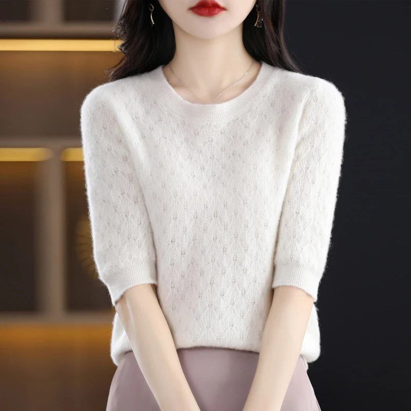 Spring and autumn new round neck openwork seamless ready-made sweater half sleeve sweater commuter five sleeve fashion bottoming
Spring and autumn new round neck openwork seamless ready-made sweater half sleeve sweater commuter five sleeve fashion bottoming