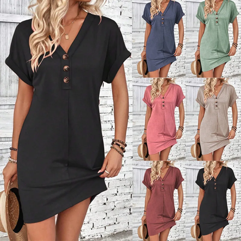 Fashion V Neck Cap Sleeve Roll Up Dress Summer Casual Plain Dresses Women Loose Fit
Fashion V Neck Cap Sleeve Roll Up Dress Summer Casual Plain Dresses Women Loose Fit