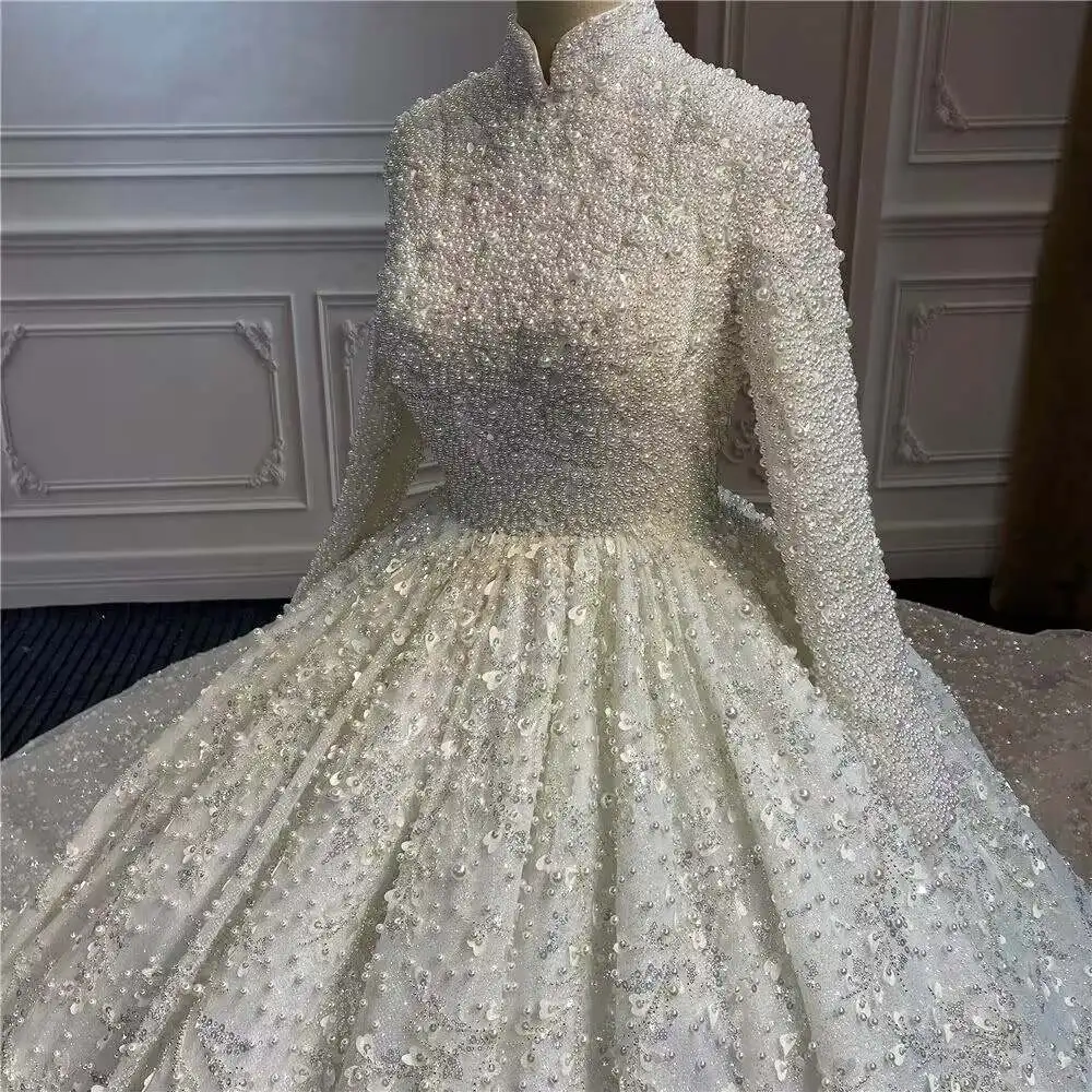 Exquisite Beaded Pearls Bridal Gown High Neck Long Sleeve Cathedral Train Ball Gown Wedding Dress свадебное платье Customized
Exquisite Beaded Pearls Bridal Gown High Neck Long Sleeve Cathedral Train Ball Gown Wedding Dress свадебное платье Customized